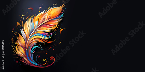 Quill feather, vibrant and vividly colored lines, forming a fantastical splash in a 3D vector style, perfect print flyer with copy space