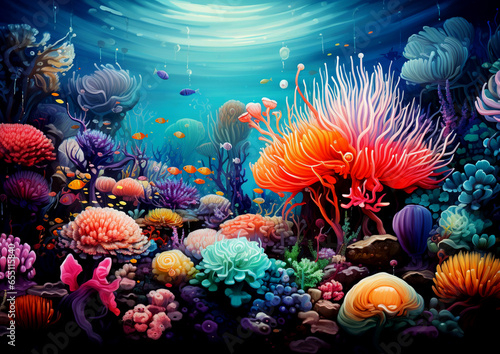 Marine creatures, subaquatic ecosystems, jellyfish, coral formations, and seaweeds. Aquatic exhibit.