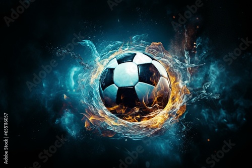Burning soccer ball with water on dark backdrop. Perfect for high-quality soccer poster. Generative AI