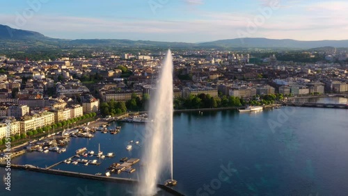 4K Aerial footage of Geneva city   water fountain in Switzerland -UHD