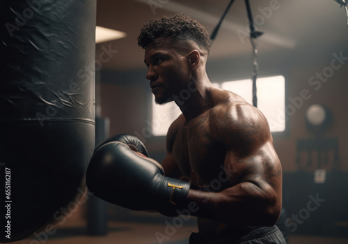 African American man training boxing with bag in a gym. Created with AI.
