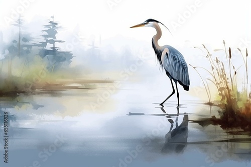Fototapeta Japanese-style heron ink watercolor painting on canvas print, desktop wallpaper, background