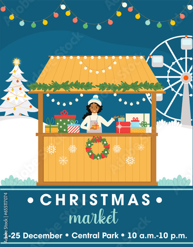 Christmas market advertising poster. Young african american woman sells gifts at the kiosk. Christmas market. Market in the square. Vector illustration for poster, flyer, invitation.