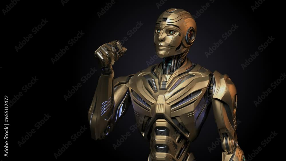 Futuristic robot man or detailed humanoid cyborg looking at his arms. Upper body isolated on black background with alpha. 3d rendering animation Futuristic robot man or detailed humanoid cyborg looking at his arms. Upper body isolated on black background with alpha. 3d rendering animation