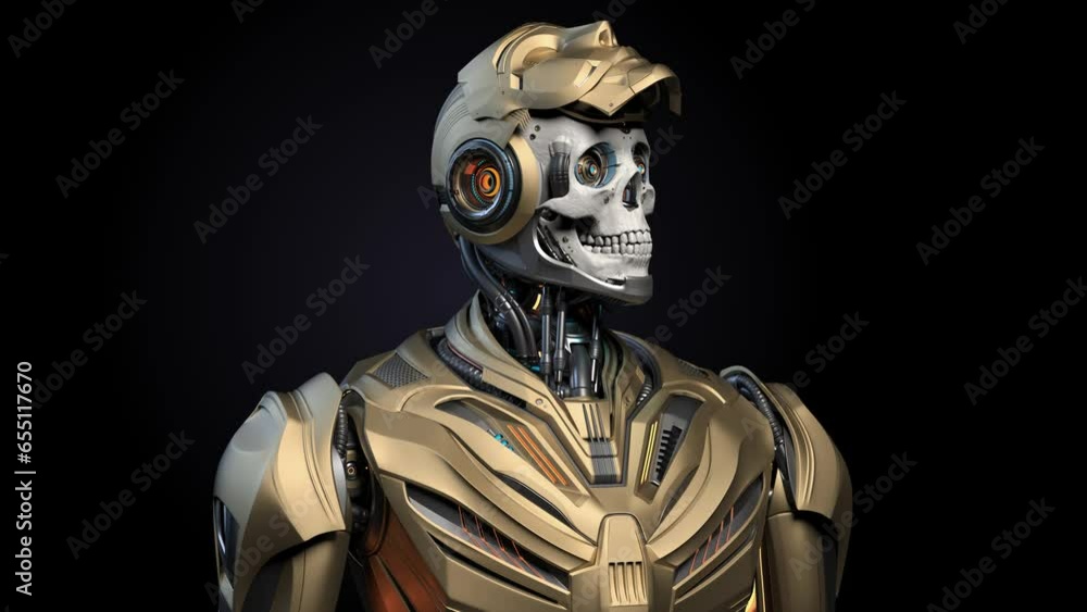 Futuristic robot man or humanoid cyborg with post apocalyptic human skull under the face mask looking around. Upper body isolated on black background with alpha. 3d rendering animatioin Futuristic robot man or humanoid cyborg with post apocalyptic human skull under the face mask looking around. Upper body isolated on black background with alpha. 3d rendering animatioin