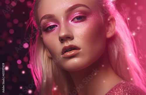 Model pink glitter. Beauty portrait. Generate Ai