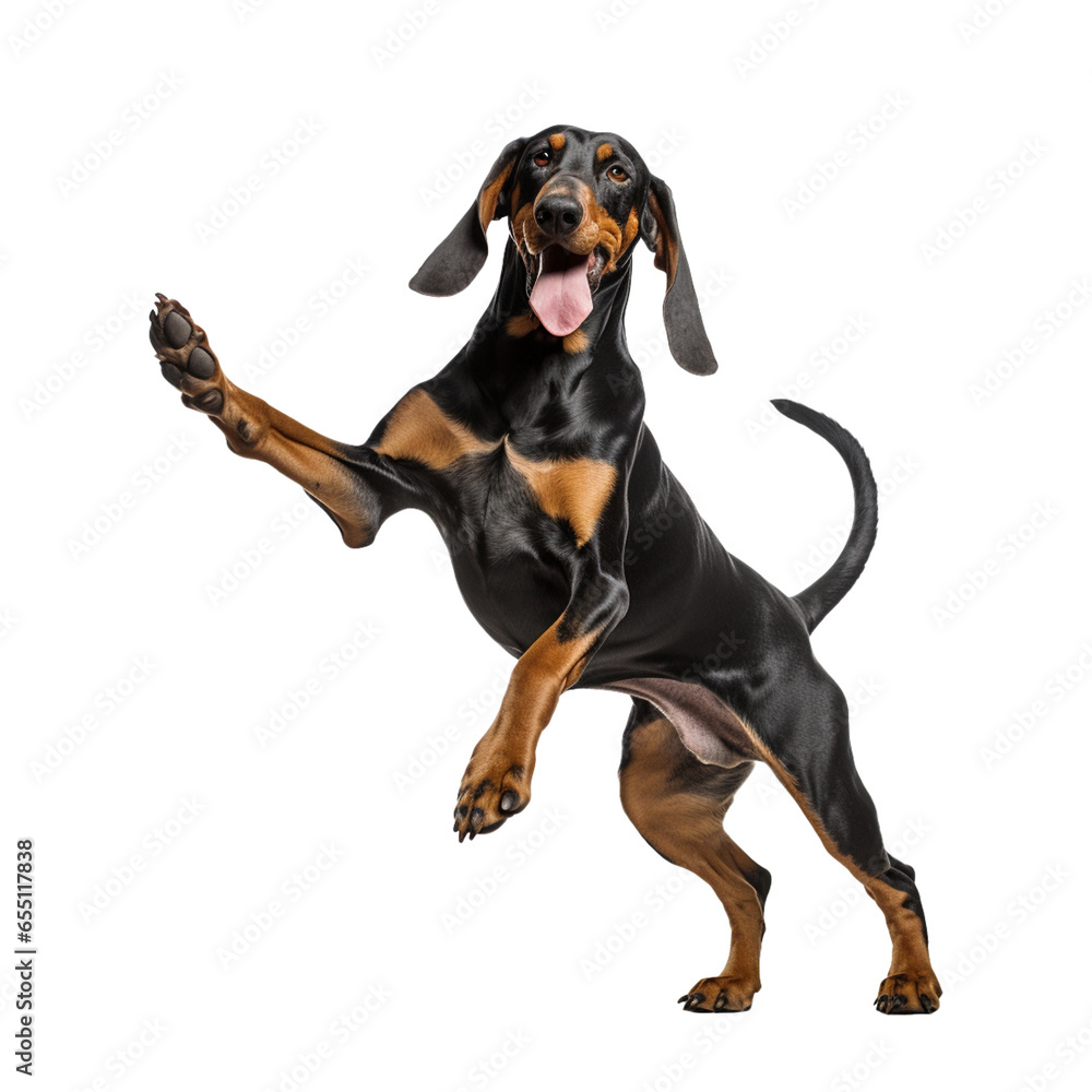 American Black and Tan Coonhound dancing isolated on white background American Black and Tan Coonhound dancing isolated on white background