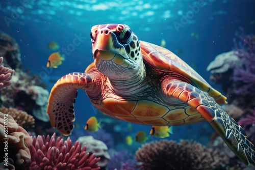 A pristine seascape beneath the waves where a sea turtle glides gracefully.