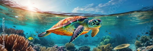 A pristine seascape beneath the waves where a sea turtle glides gracefully. photo