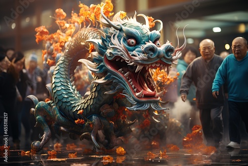 Several asian people celebrating dragon new year. AI Generated.