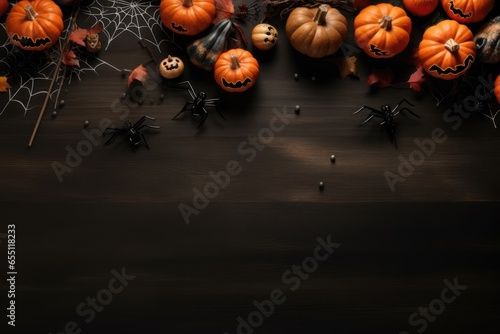 Dark scary Halloween background border with pumpkins, spiders, autumn leaves