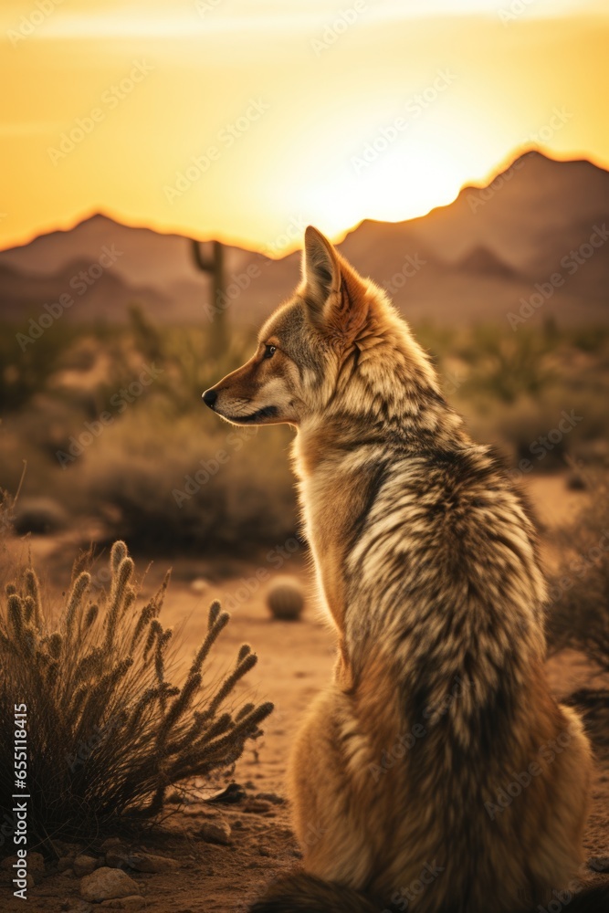 An awe-inspiring desert terrain featuring the silhouette of a solitary coyote.
An awe-inspiring desert terrain featuring the silhouette of a solitary coyote.
