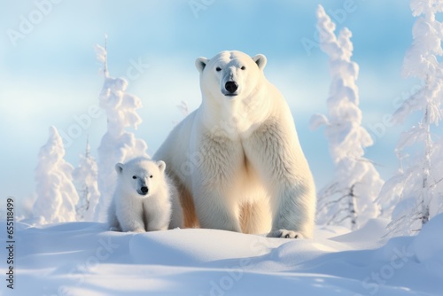 A remote Arctic tundra habitat inhabited by a polar bear and her offspring.