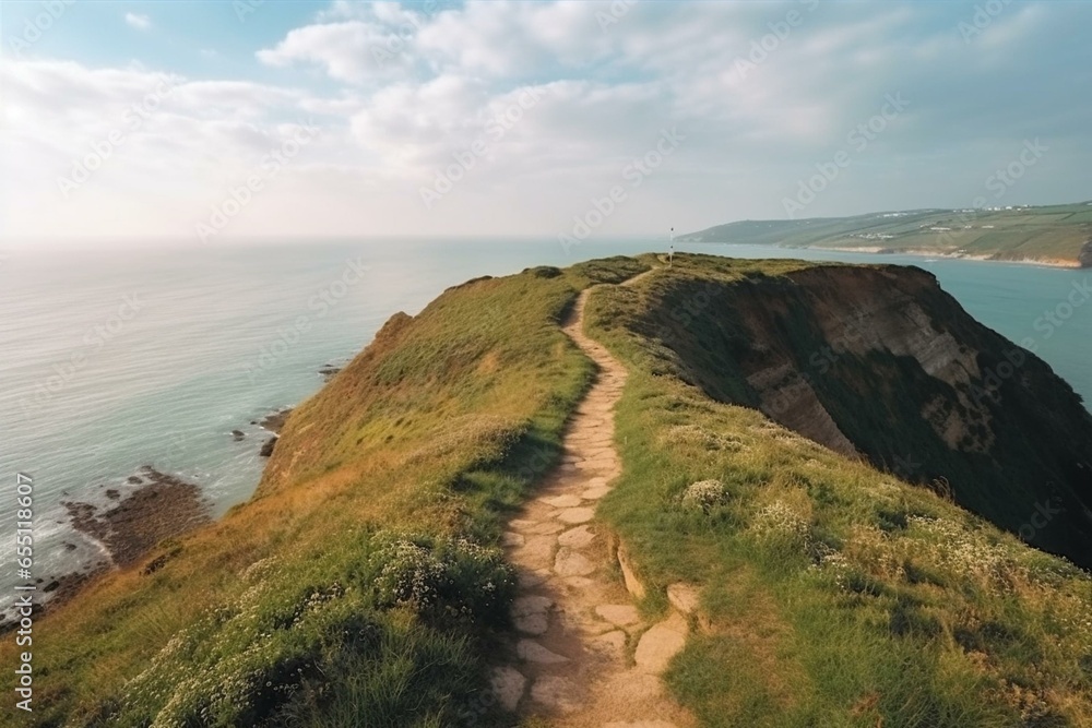 Bird's-eye view of path along the cliffs, with stunning seascape and sky in the backdrop. Generative AI