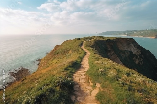 Bird s-eye view of path along the cliffs  with stunning seascape and sky in the backdrop. Generative AI