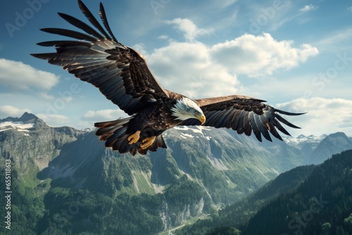 Scenic mountainscapes offering tranquility, accompanied by the majestic flight of an eagle. © Landscape Planet