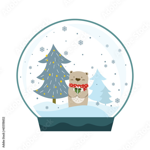 Cute snowglobe of little bear holding green box gift over pine tree with snowflake background. Vector illustration on white background for Merry Christmas concept