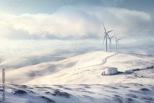 Snowy hills with a turbine. Generative AI