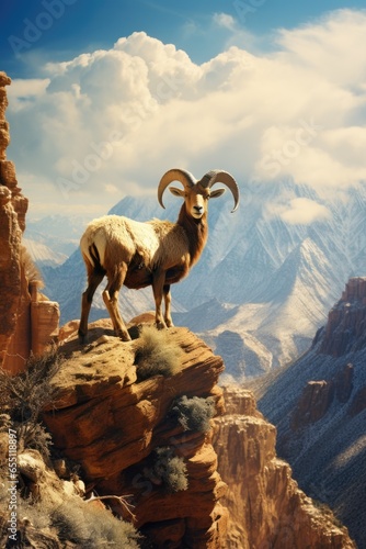 Landscape a rugged mountain terrain with a bighorn sheep scaling