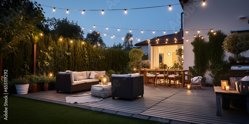 Home with furniture patio wooden deck at twilight. Cozy Home with Wooden Deck at Twilight
Evening Atmosphere on the Patio with Furniture
Twilight on the Wooden Deck with Home Decor