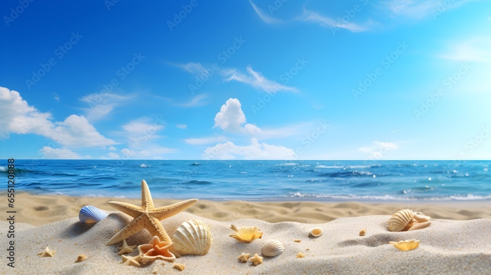 Beach themed banner background, Sea ocean, sea shells on sand, sky and clouds, star fish, lifestyle shoot, landscape
