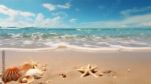 Beach themed banner background, Sea ocean, sea shells on sand, sky and clouds, star fish, lifestyle shoot, landscape © Mockup Lab