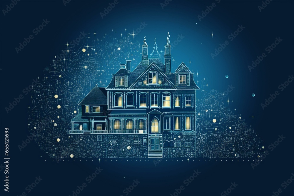 Illustration of house in ascii art style over blue background. Generative AI
