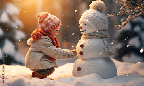 lachendes Kind im Winter mit Schneemann © Jenny Sturm