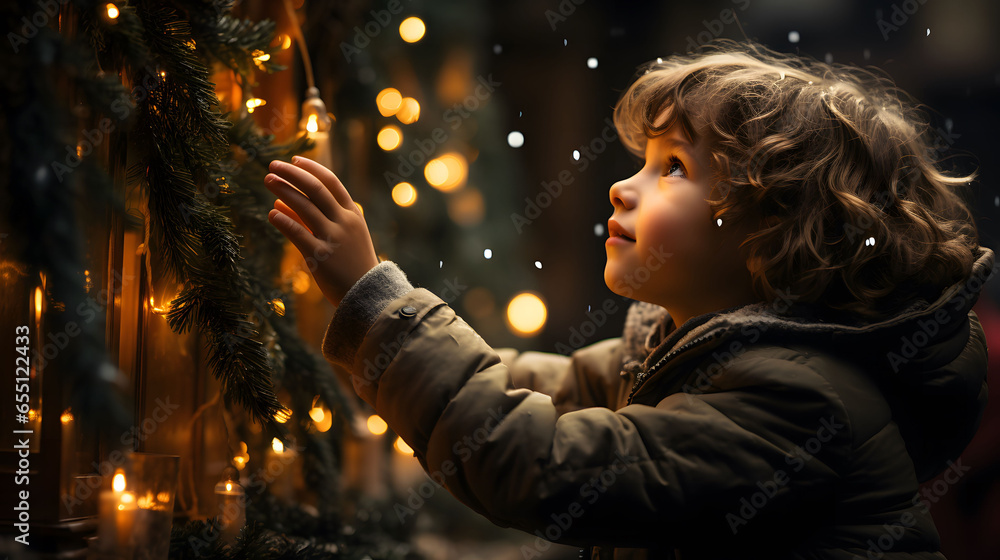 Cute little boy in winter clothes on the background of Christmas decorations Cute little boy in winter clothes on the background of Christmas decorations