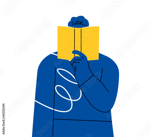Man holding open book and reading for distance studying or self education. Colorful vector illustration