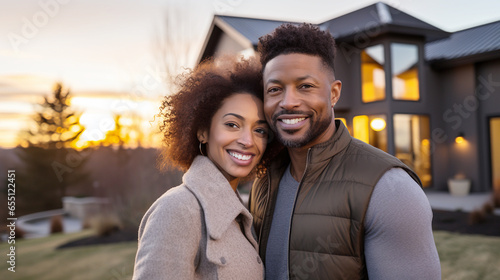 Fotografie, Obraz Happy african american couple in front of new house
