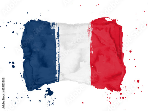 Flag of France, brush stroke background.  Flag of France on white background. Watercolor style for your design, French Republic.  EPS10.