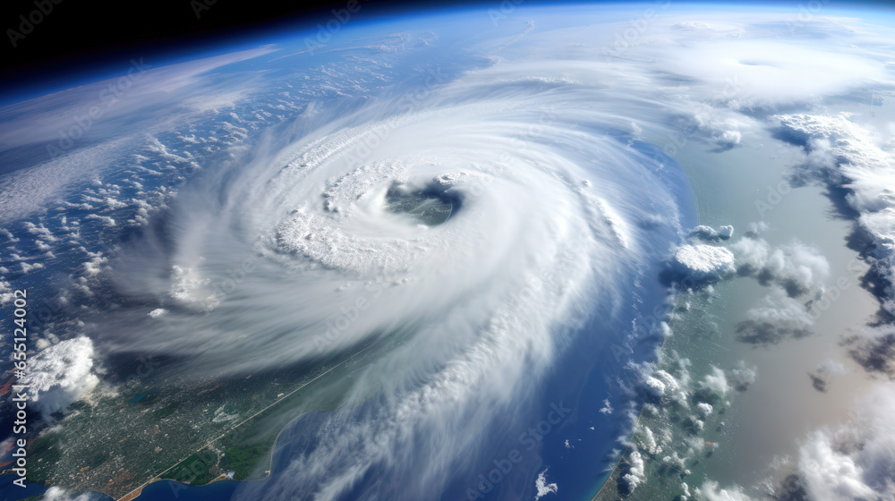 Hurricane over Atlantic. Satellite view. Super typhoon over the ocean. The eye of the hurricane. The atmospheric cyclone. View from outer space.