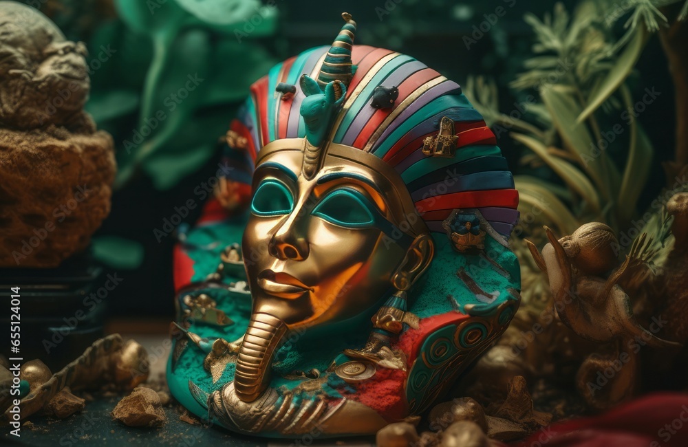 Pharaoh mask colorful. Stone wooden. Generate Ai