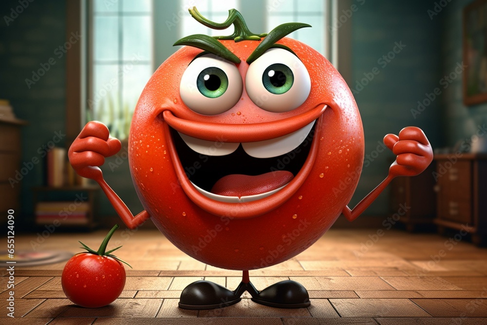 Humorous cartoon character featuring a tomato. Generative AI