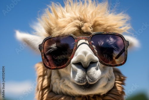 adorable camelid with shades. Generative AI © Ananya