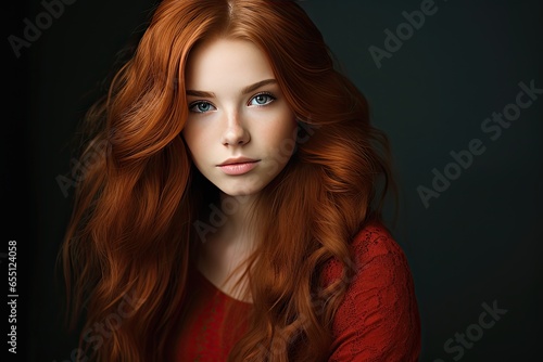 Portrait of a beautiful female model with long, curly and luxurious red hair.
