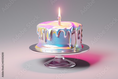 Birthday cake with candle on a metal stand made of glossy pink and blue liquid cream.
