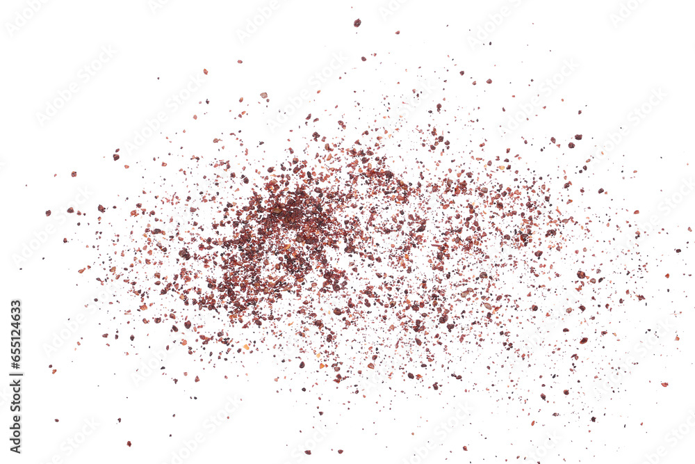 Ground sumac spice, pile scattered isolated on white, top view Ground sumac spice, pile scattered isolated on white, top view