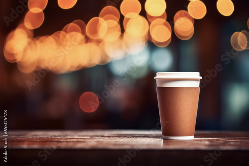 Close up of paper cup coffee on wood table in background of bokeh bar or restaurant coffee shop. Lifestyle concept for breaks and holidays.