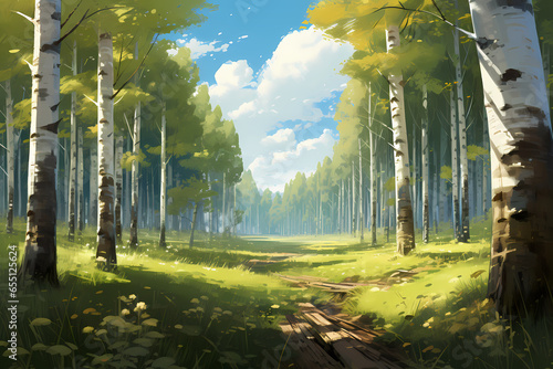 birch forest in a sunny afternoon during autumn anime styel photo