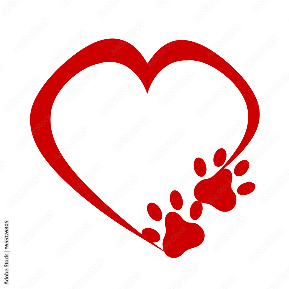 red pet paw heart shape art drawn