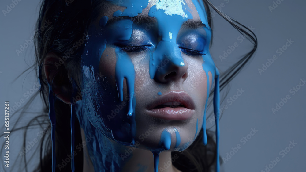 Closeup studio portrait of a female fashion model covered in blue paint.
