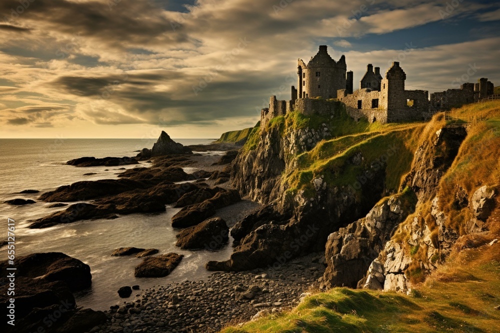 Historic castle on coast in Northern Ireland. Generative AI