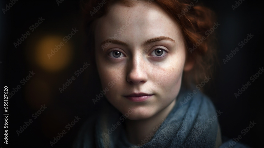 Closeup. indoor portrait of a young woman with dark auburn or red hair and wearing a dark gray scarf..
