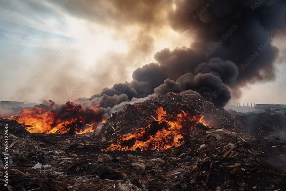 Fototapeta premium War, humanitarian catastrophe. Environmental pollution. Fire at the landfill. The concept of ecological disaster.