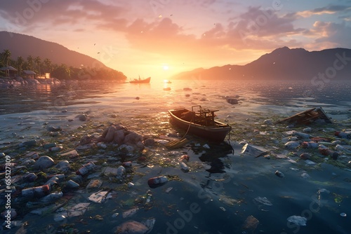 Mountains of garbage on the water. Plastic waste in the sea. Plastic trash on the lake. 3d rendering. The concept of environmental pollution. Global warming.