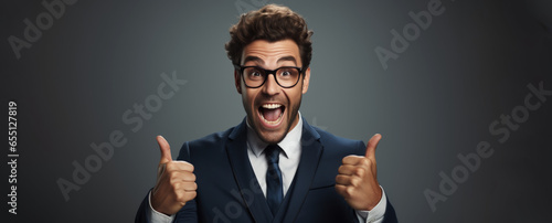 Excited Happy Businessman Showing Thumbs Up and Screaming in Studio Portrait on a Gray Background