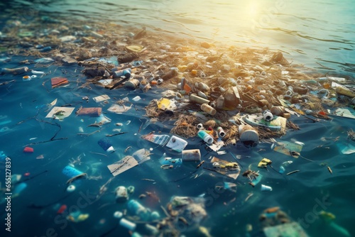 Mountains of garbage on the water. Plastic waste in the sea. Plastic trash on the lake. 3d rendering. The concept of environmental pollution. Global warming. 