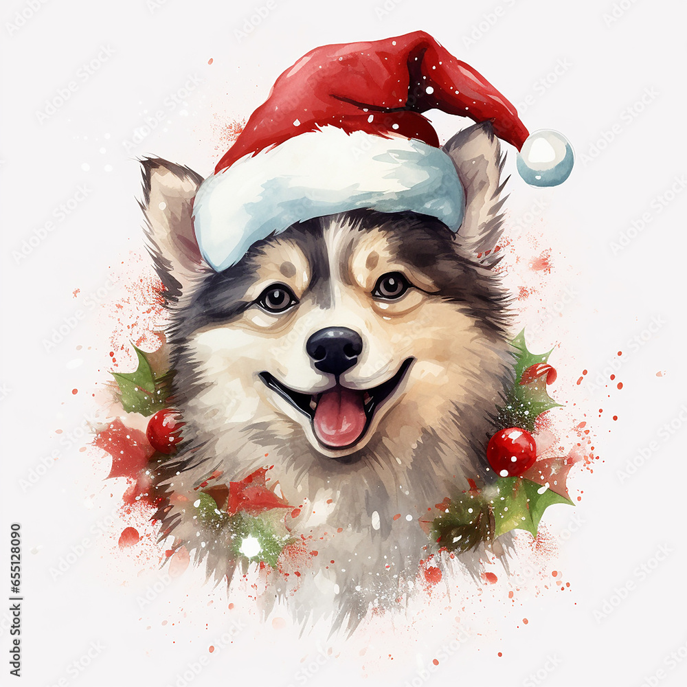 christmas_huskie_puppy_on_white_background